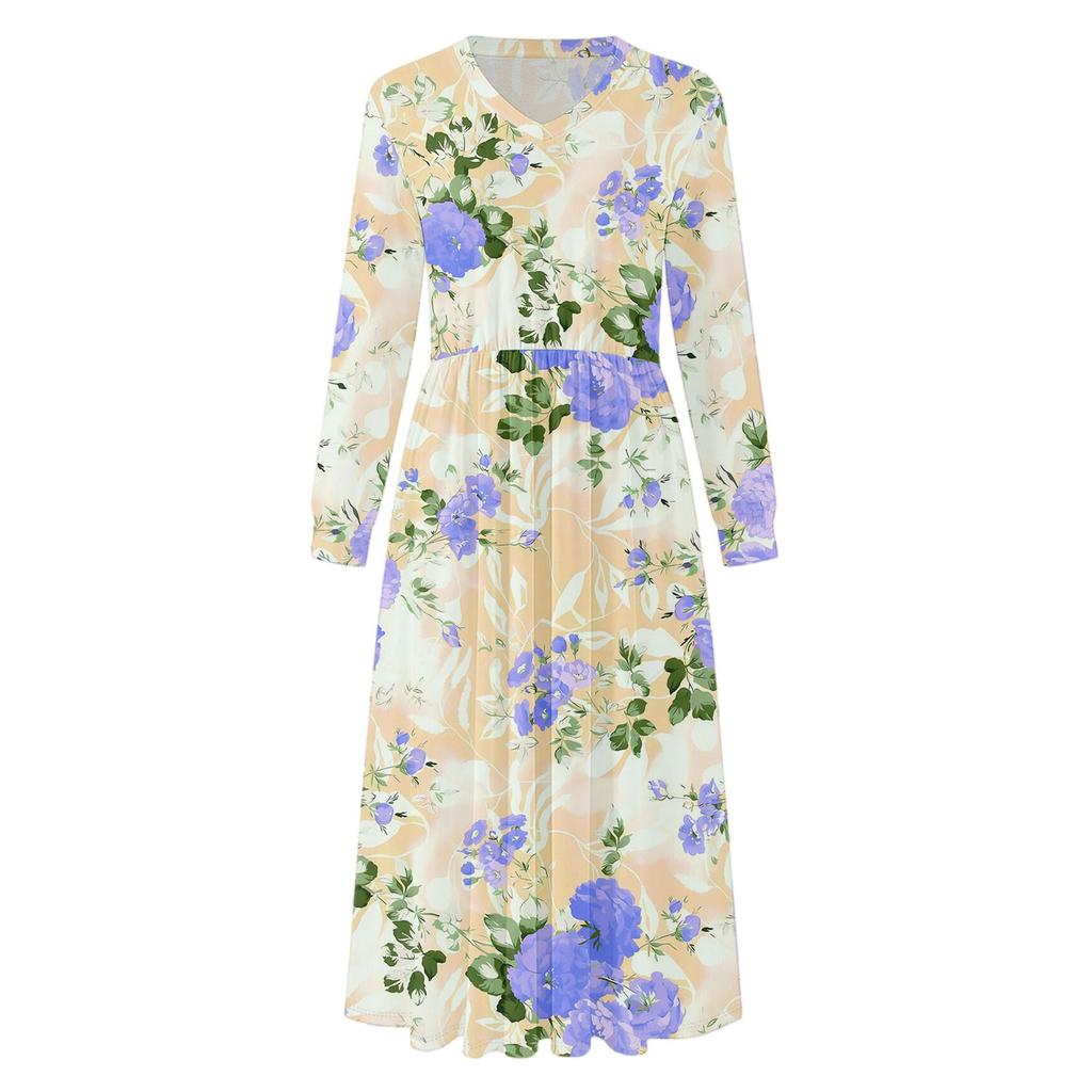 Kjole for kvinner Lang Boho Strandkjole Elegant Maxikjole V-hals Langermet Kjole med Lommer