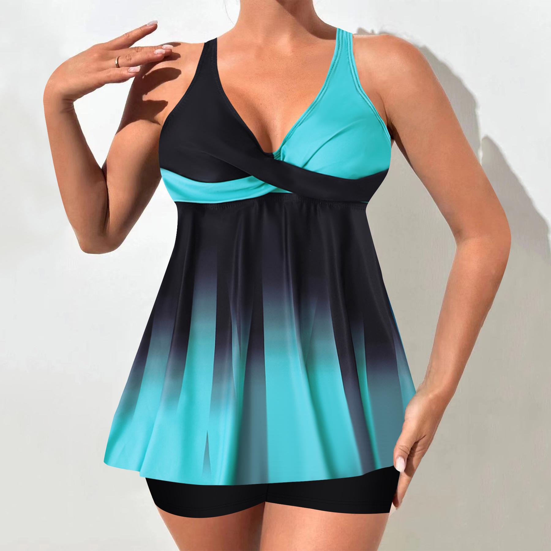 

2025 Colorful Print Plus Size Tankini: Loose, Tummy-Covering, Conservative Swimsuit S синій