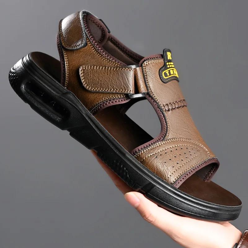 Men‘s Summer Cow Leather Sandals 2025 New Designer Leisure Sports Driving Outside Wear Beach Shoes Men's Air Cushion Slippers
