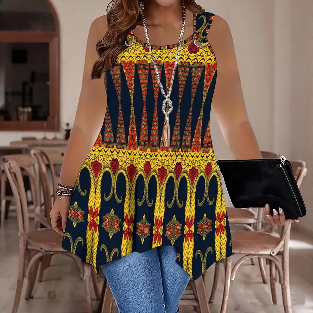Women's Fashionable Casual Sports Double-ring Vest, Large-sized Tank Vest with Geometry Printed Patterns, Irregular Hem, Elegant and Simple