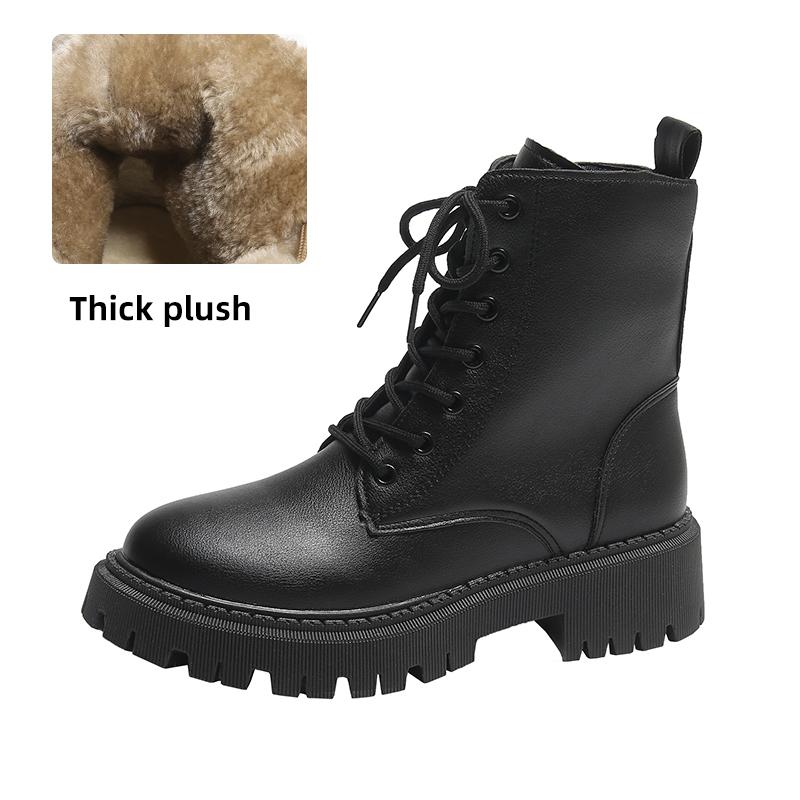 fashion Rimocy Autumn Winter Woman Ankle Boots Thick Plush Warm PU Leather Booties Woman Fashion Non Slip Lace Up Short Boots Plus Size