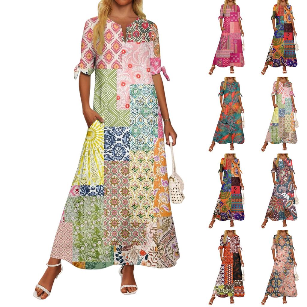 Abito Lungo da Donna Casual Moda Temperamento Elegante Vita Patchwork Stampa Floreale