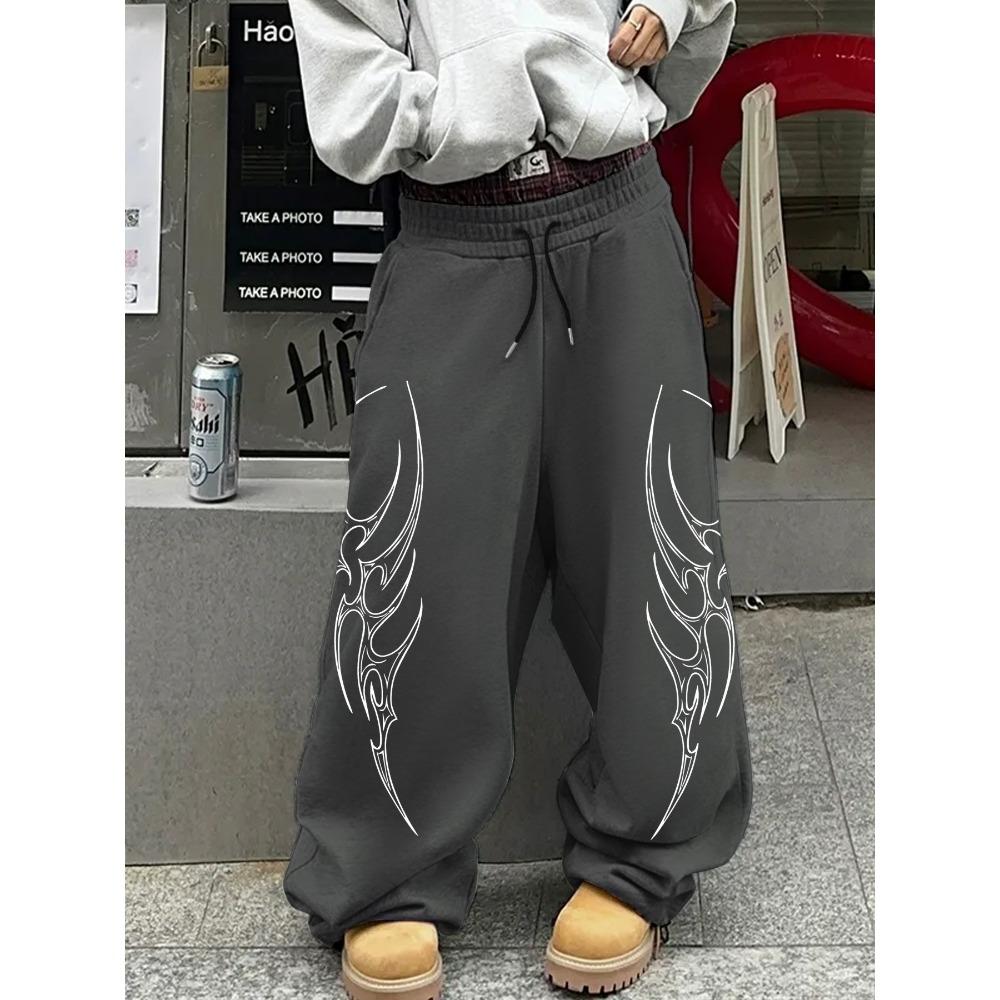 Men's Street Style Loose Straight Leg Casual Pants, Fashionable Sports Pants, Cool Totem Printed Drawstring Pants, Hip Hop Wide Leg Pants