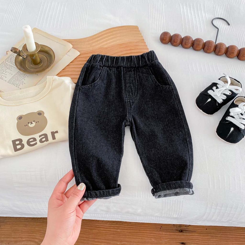 Spring Autumn Fashion Children Solid Jeans Girl Baby Retro Denim Casual Pants Boy Kid Pockets Cotton Trousers Toddler Dungarees