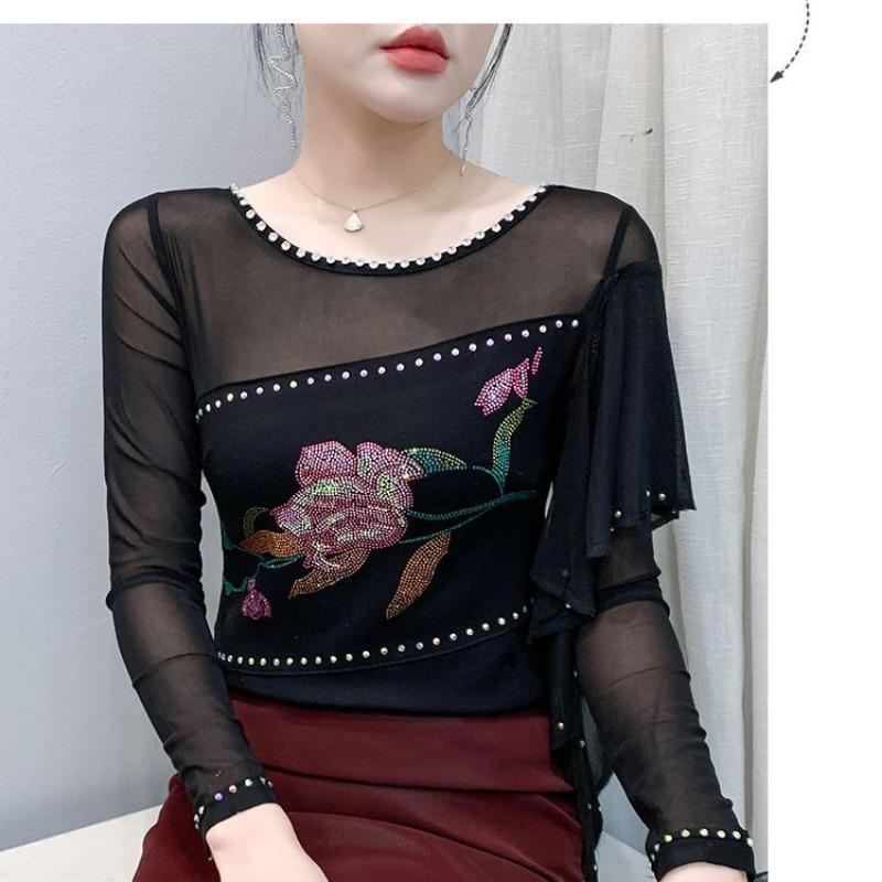 Spring and Autumn Round Neck Sexy Mesh T-Shirt Women's Long Sleeve Lotus Le Slim Top Bottoming Shirt