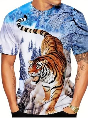 Men'S 3D White Tiger Print T-Shirt, Casual Crew Neck Short Sleeve Knit Polyester Top, Regular Fit Summer Fashion, Y2K Harajuku Style Clothing