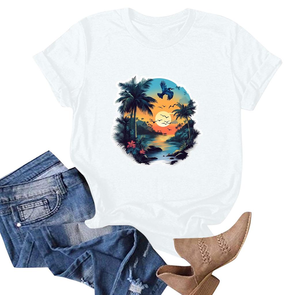 Damenmode Lässiges T-Shirt mit Hawaii-Print, kurzärmelig, kurzärmelig