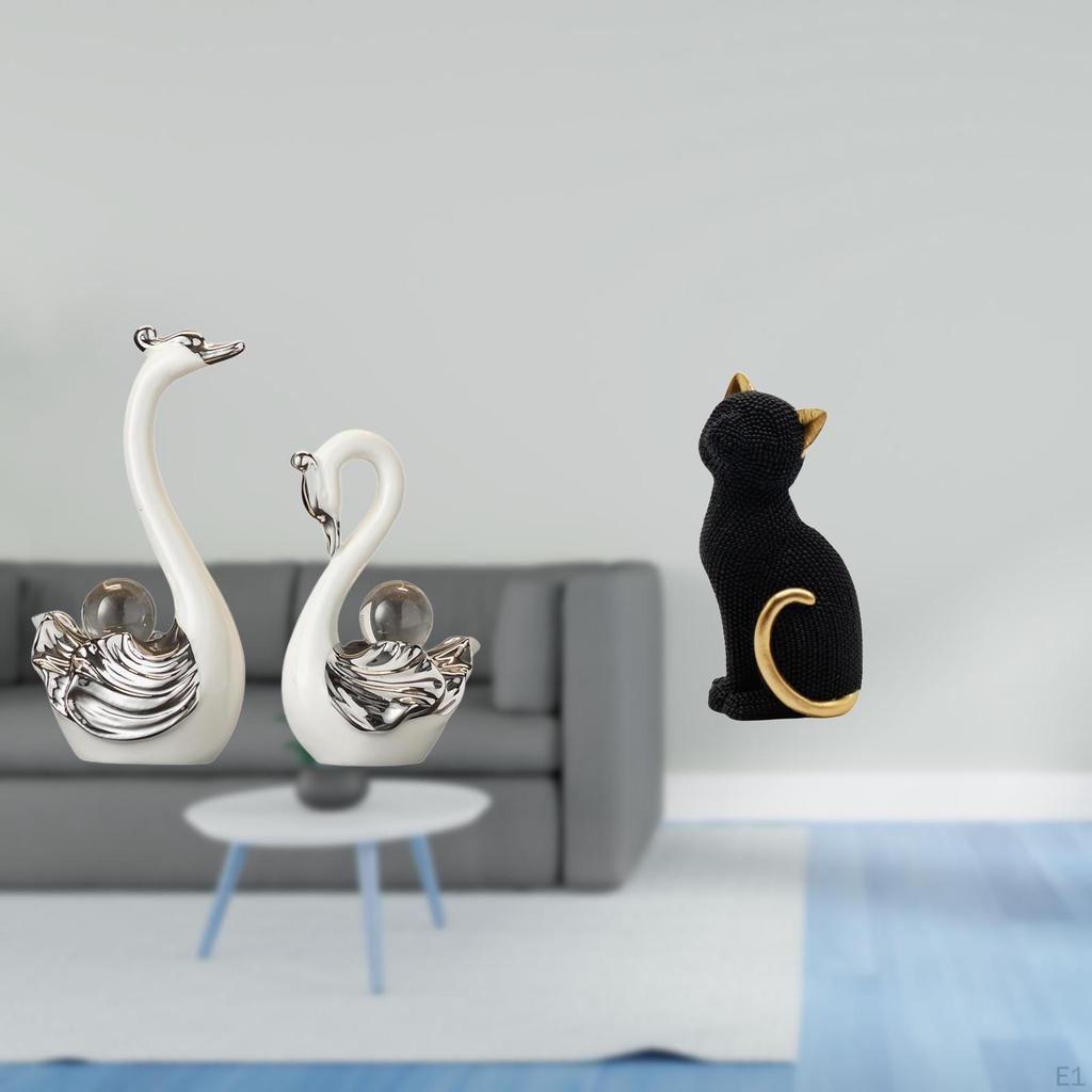 Porcelain Swan Cat Figurine Collection Resin Animal Sculpture Decorative Ornament for Living Room