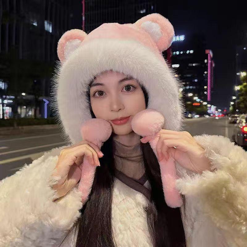 

Winter cartoon cute bear ears show face small furry Lei Feng hat children outdoor warm ear protection pullover hat average size