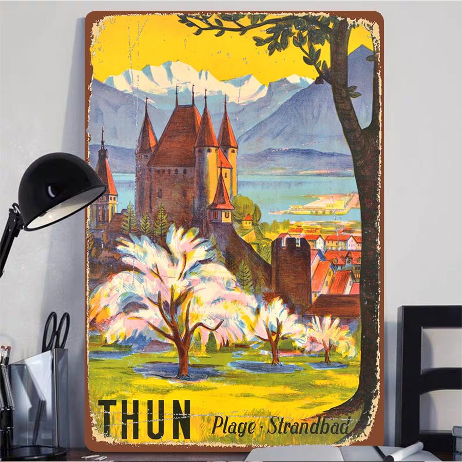 Vintage Swiss Thun Castle Metal Wall Art Alpine Lake Landscape Painting Living Room Study Decorative Hanging