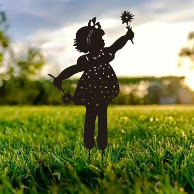 Stunning Little Girl Holding Flowers Garden Stake! Outdoor Decoration Marker. Girl ground.Metal Yard Art with Creative Openwork.