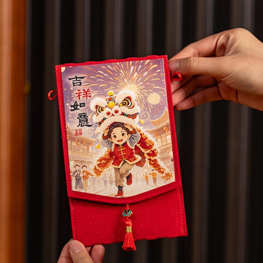 Traditional Spring Festival Cloth Red Envelopes Rectangular Chinese Style New Year's Blessing Bag Reusable with Hanging Rope