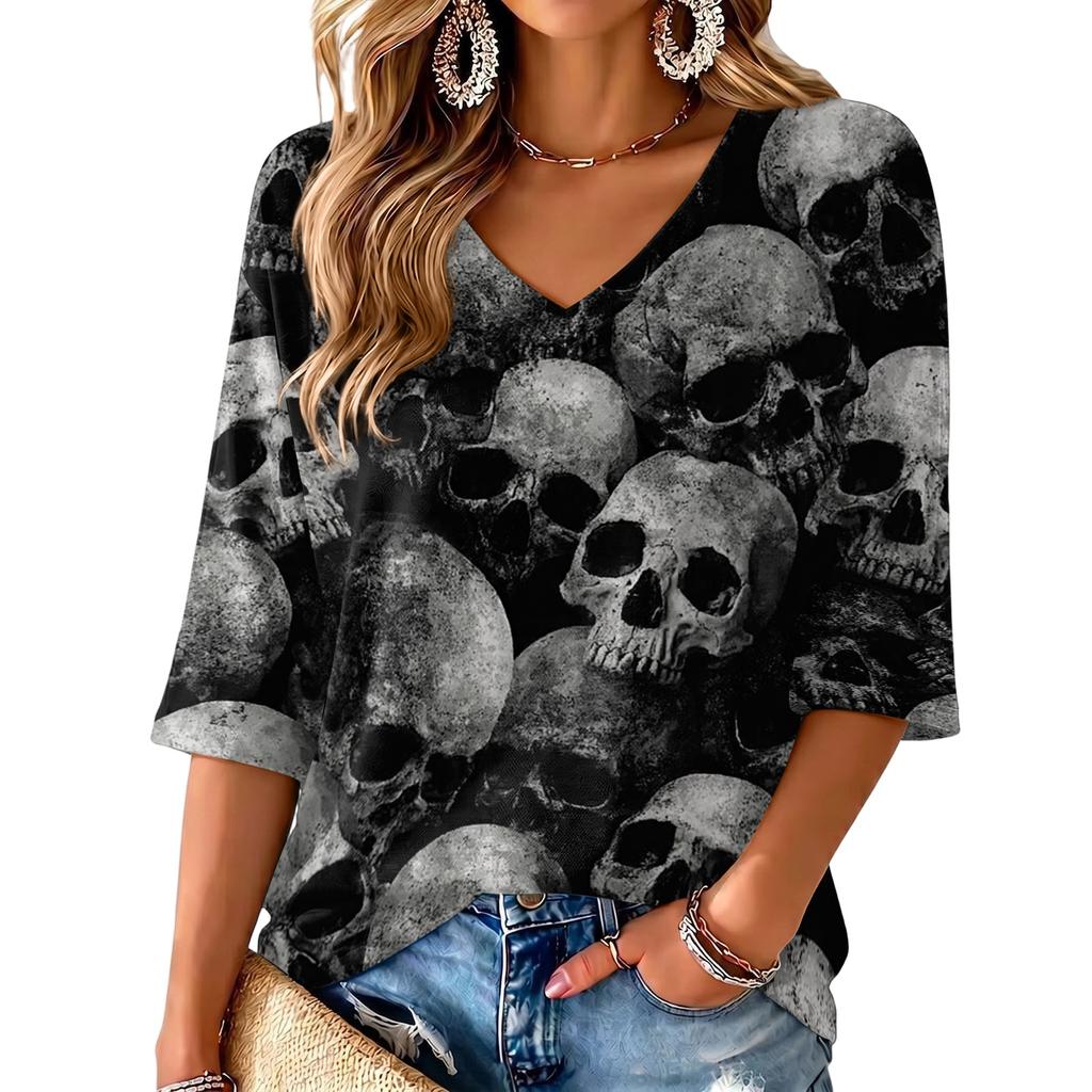 Women's V-Neck Halloween Print Lightweight Top for Spring and Summer