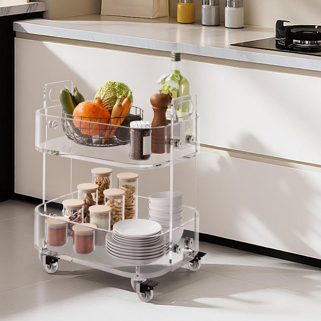 Acrylic Table with Wheels, 2 Tiers Mobile Cart Table, Modern Rolling Acrylic Storage Desk, Clear Nightstand Side End Desk, for Living Room, Bedroom,