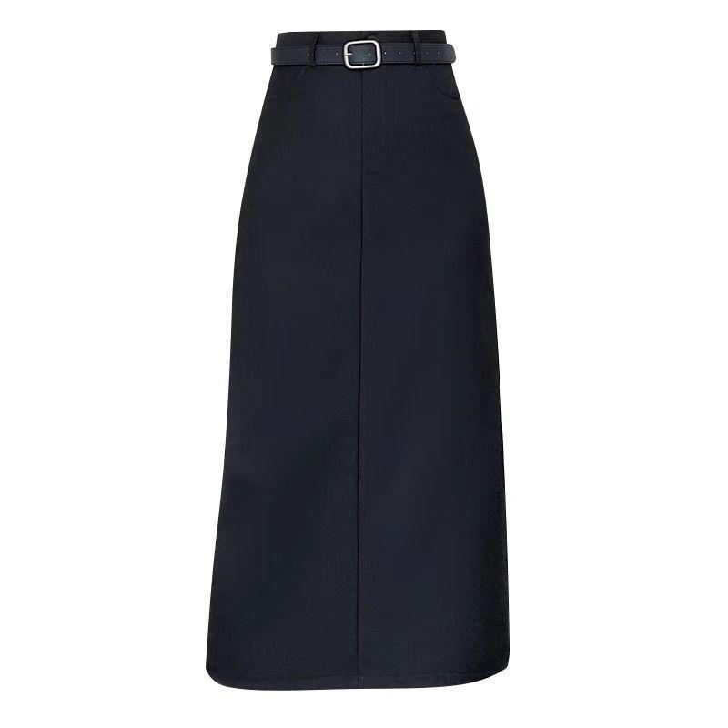 2024 High-End Slimming A-Line Skirt: High Waist, Midi Length, Versatile Slit Design for Spring & Autumn
