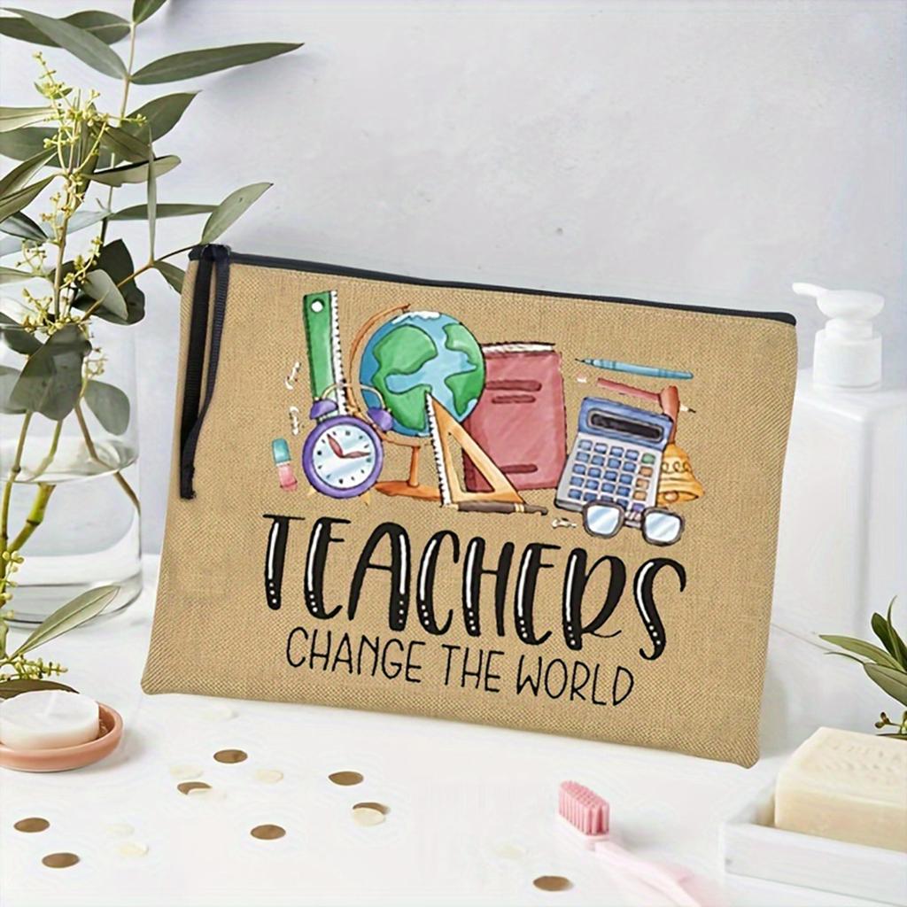 1pc "Teacher Change The World" Printed Cosmetic Bag, Women Travel Makeup Storage Bag, Back To School Teacher Gift