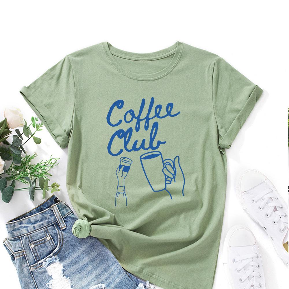 Coffee Alphabet Cotton T-Shirt Short Sleeve Round Neck Women 2d Print Tops
