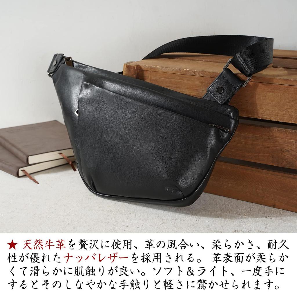 Masa Kawa Slim Genuine Leather Body Bag for Men, One-Shoulder Bag, Cowhide Leather Sling Bag, Lightweight, Water-Repellent, Black, Popular