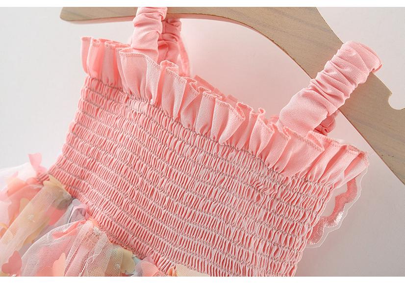 Girls' Summer Spaghetti Strap Mesh Dress with 3D Butterflies - Princess Style