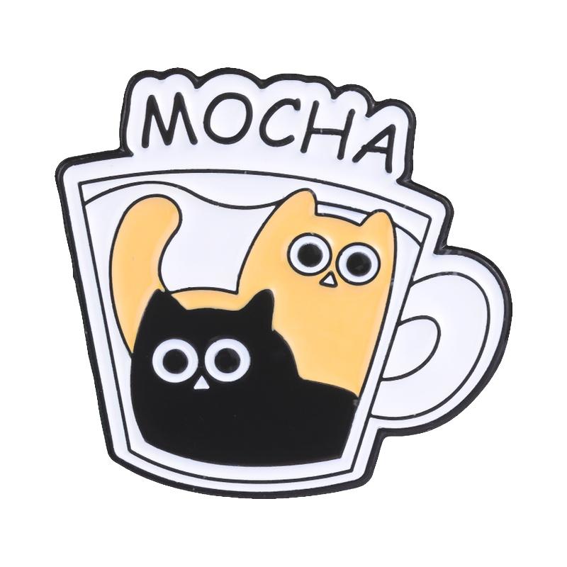 Cute Coffee Cup Cat Enamel Pins Funny Americano Latte Mocha Cappuccino Cartoon Black Kitten Brooches Lapel Badge Jewelry Gifts