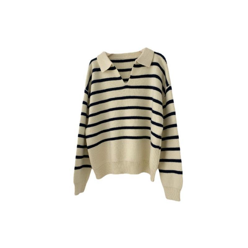 Autumn and winter milk wear sweater women's PO collar loose striped design sense niche soft waxy knitted sweater thickened top