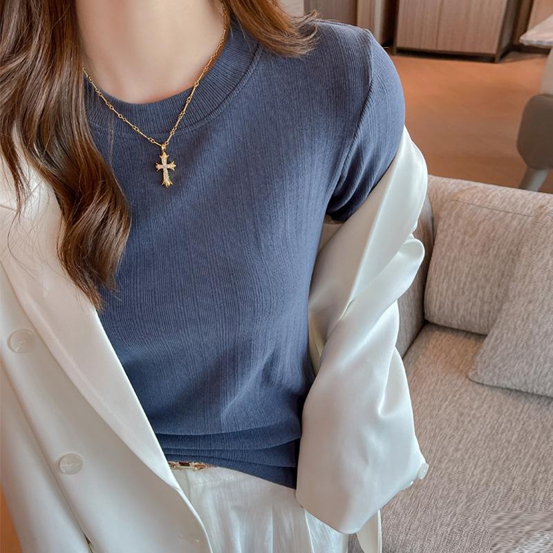 New Style Threaded Round Neck Bottoming Shirt for Women Autumn Winter Long-sleeved T-shirt German Velvet Top