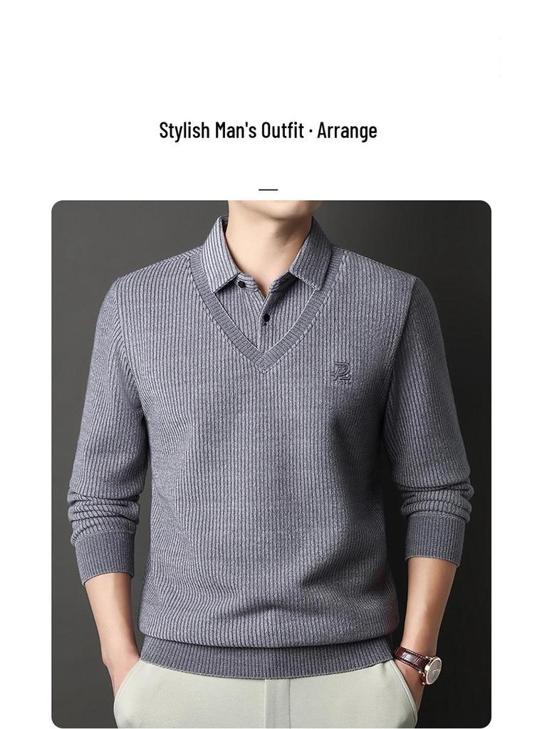 Men's 2025 Winter Knit Sweater with Shirt Collar - Plus Velvet, Thick, Warm, Long Sleeve, Fake Two-Piece Design for Middle-Aged