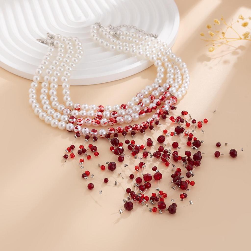 Gothic Blood Drop Tassel Pearl Choker Necklace