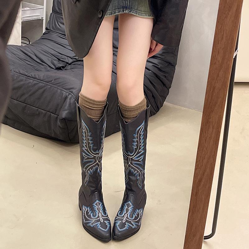 New Style Women Autumn/Winter Colors European and American Pointed Thick Heel High Barrel Large Western Side Zipper Denim Boots