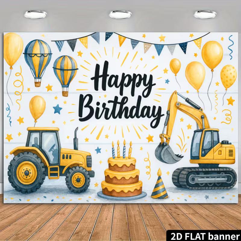 2D Construction Party Backdrop - Excavator & Tractor Banner for Kids Engineering Themed Photoshoot