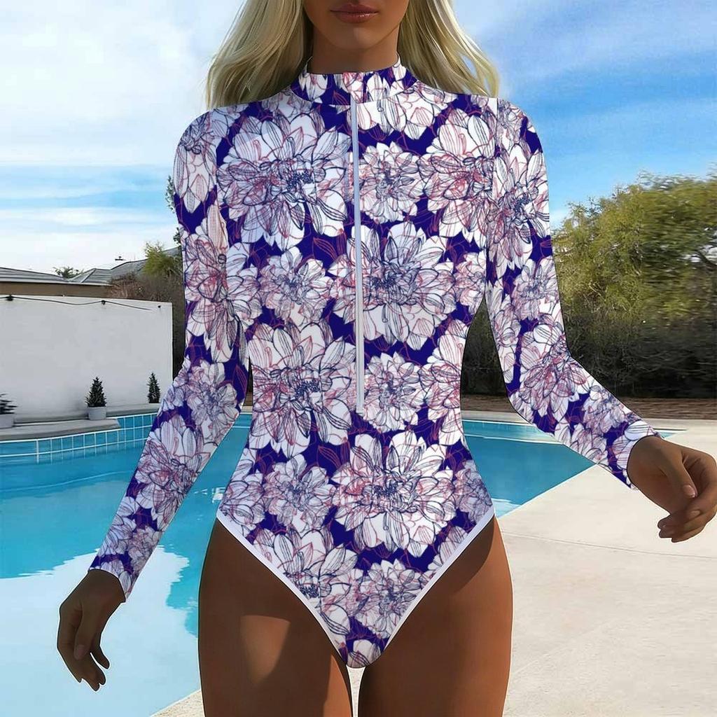 Women Long Sleeve One Piece Swimsuit Zip Front Texture Floral Fragments Print Rash Guard Surfing Bathing Suit