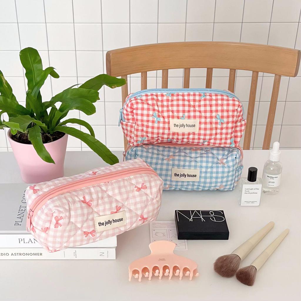 2024 Large Capacity Plaid Bow Pencil Case & Makeup Bag for Girls