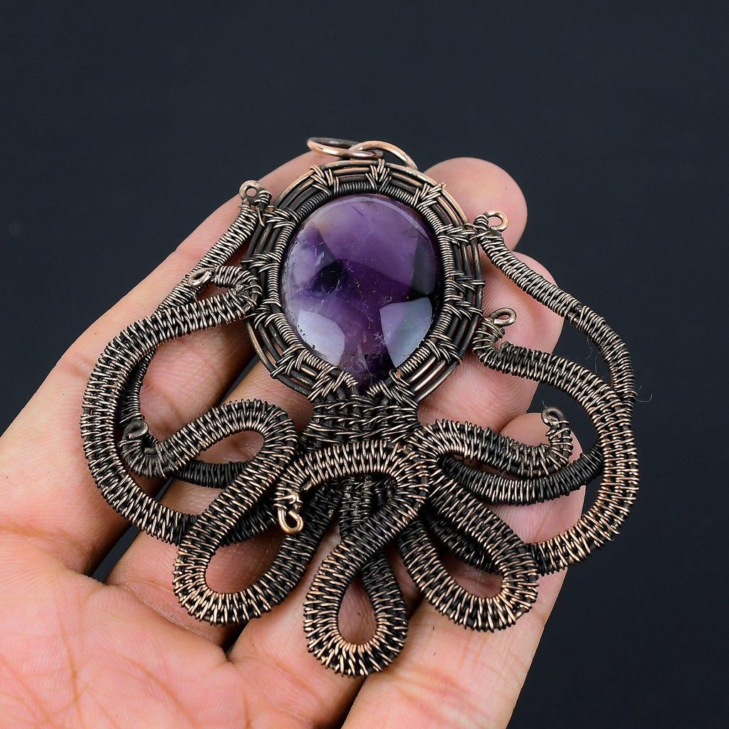 Amethyst Octopus Shape Gemstone Pure Copper Wire Wrapped Handmade Pendant Jewelry