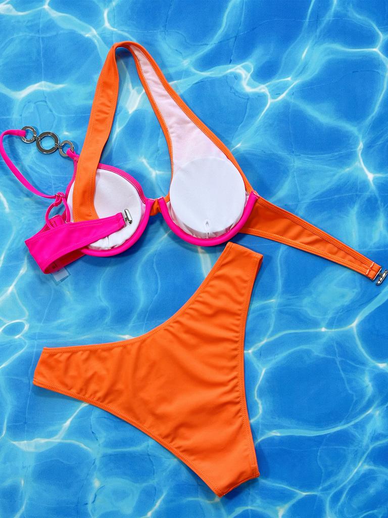 Push Up Bikinis Set One Shoulder Block Color Bikini Women Swimsuit Thong Female Swimwear Biquini Bathing Suit Swimming Suits