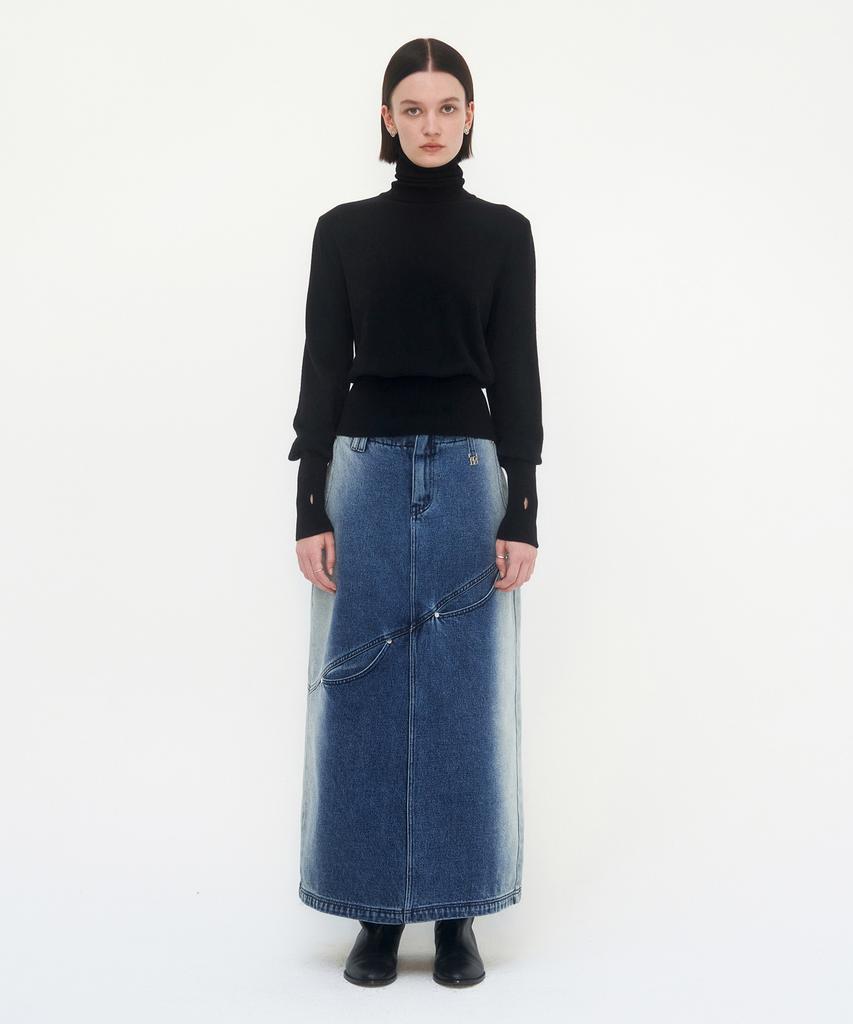 Teulimingbeodeu Curved Pocket Cut Denim Skirt [ Blue ]