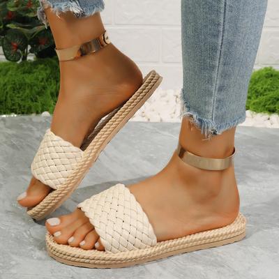 Fashion Fashion Braided Summer Slippers for Women Plus Size Solid Color Woven Flat Sandals Woman Lightweight Non Slip Beach Flip Flops