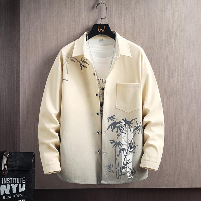 Men's White Pink Gradient Bamboo Print Shirt, Casual Long Sleeve Button Down Top for Daily Wear