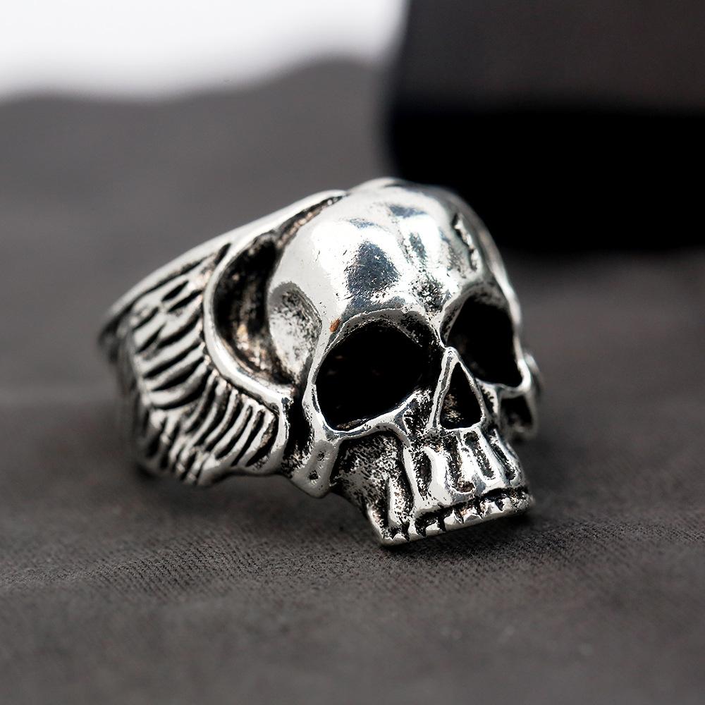 Retro Wings Skull Ring For Men Silver Color Punk Gothic Rock Hiphop Open Ring Handmade Designer Biker Accessories Gift