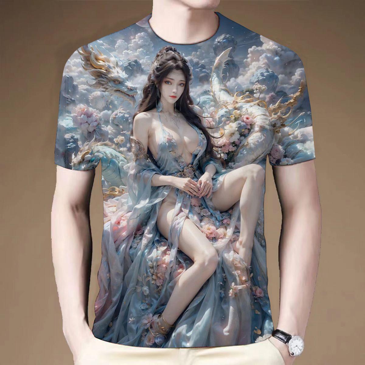 

2024 летняя новая 3D-печатная футболка с коротким рукавом, древняя сексуальная красота, мужская футболка с круглым вырезом 2XL