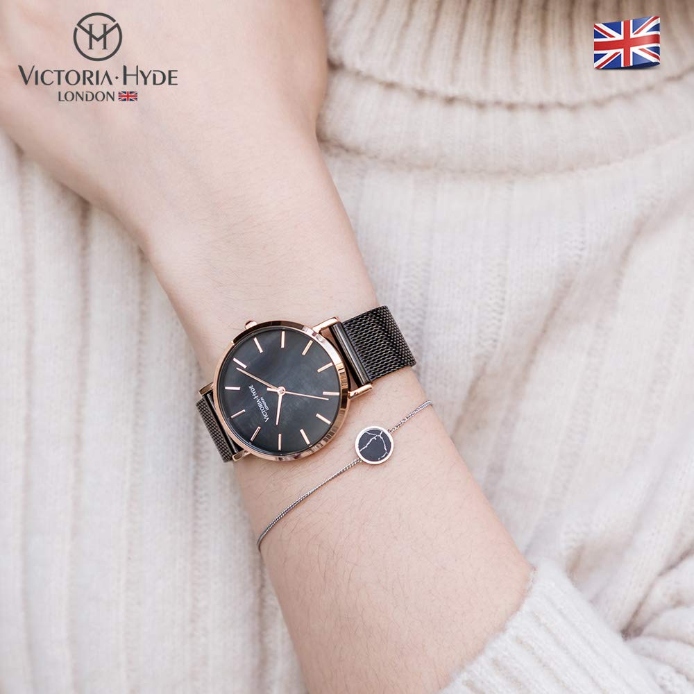 VICTORIA HYDE Watch Bracelet Set Simple Quartz Watch Waterproof Stainless Steel Mesh Band Detachable Fashion Watch Gift Women's Women's (Black)