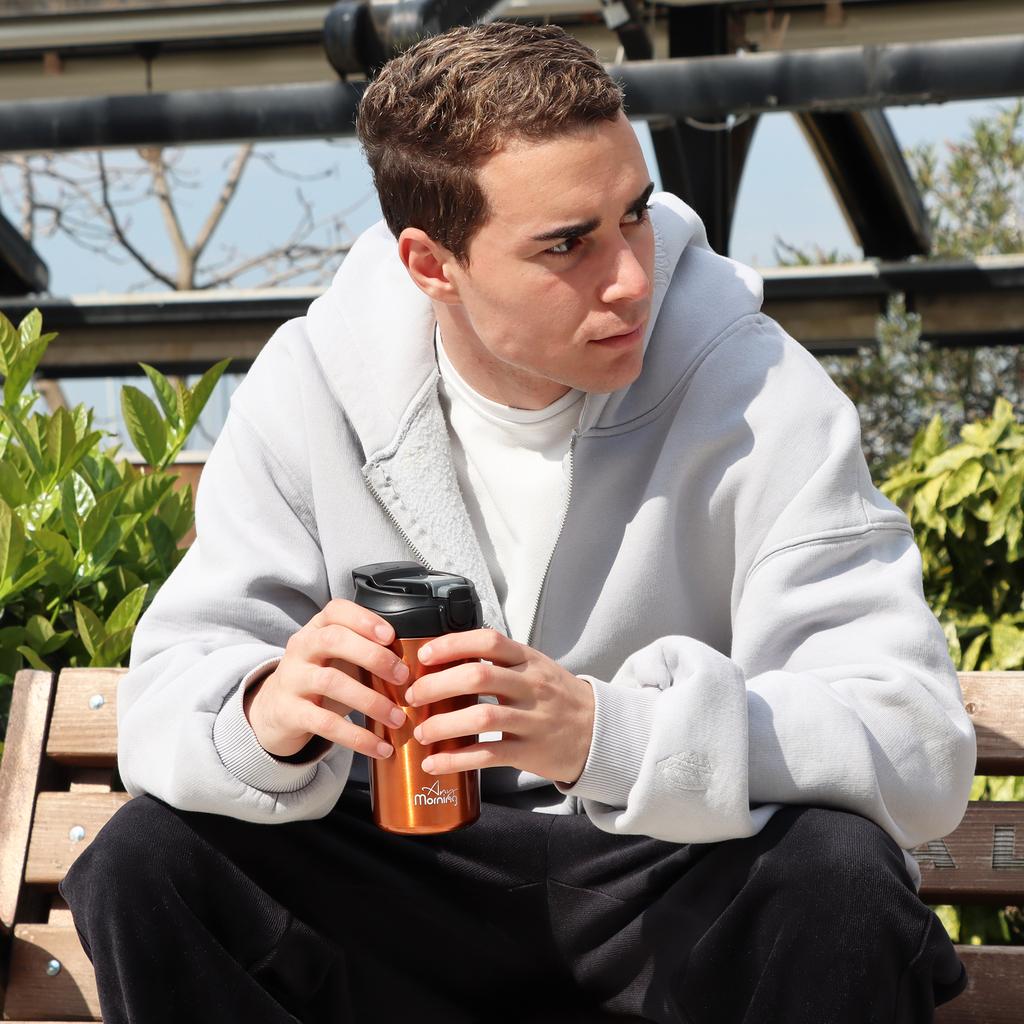 Any Morning SI232021 Two Mouth Travel Mug, Insulated Stainless Steel Coffee Tumbler, 14 oz, Copper