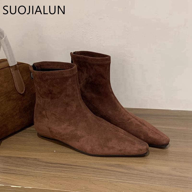 Fashion SUOJIALUN Winter New Brand Women Ankle Boots Fashion Square Low Heel Casual Short Boots Back Zip Ladies Dress Chelsea Boost