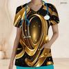 Women Plus Size V Neck Short Sleeve Black Gold Printed Nurse Scrub Top With Front Pockets