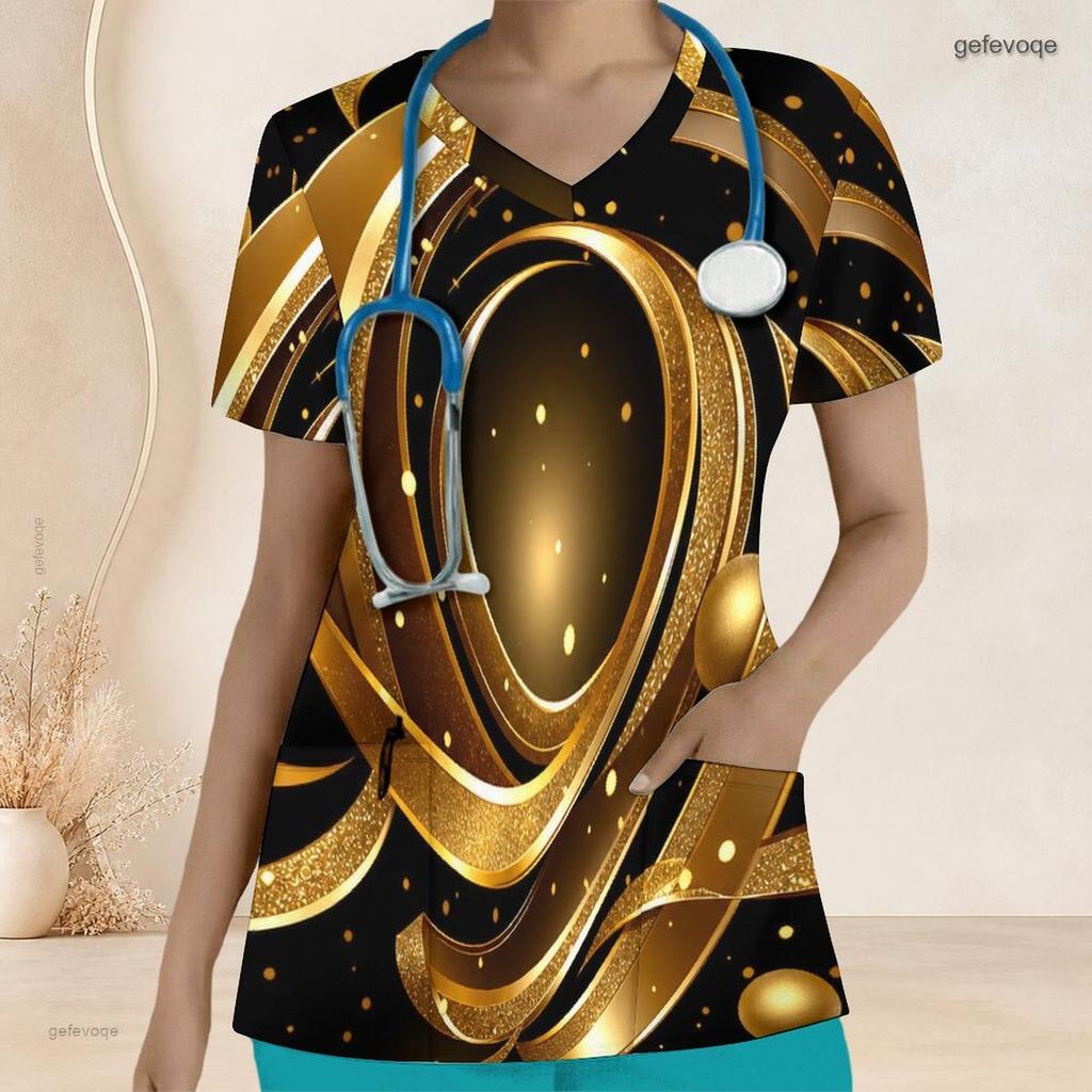 Women Plus Size V Neck Short Sleeve Black Gold Printed Nurse Scrub Top With Front Pockets