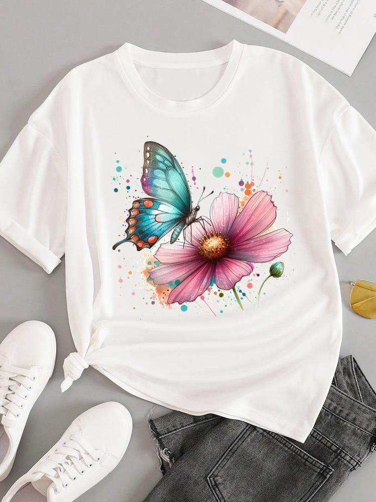 (Asian Size) sweet flower feather Short Sleeve T-shirts Women's Top T Female Print  Fashion O-neck Casual Clothing  Graphic Tee