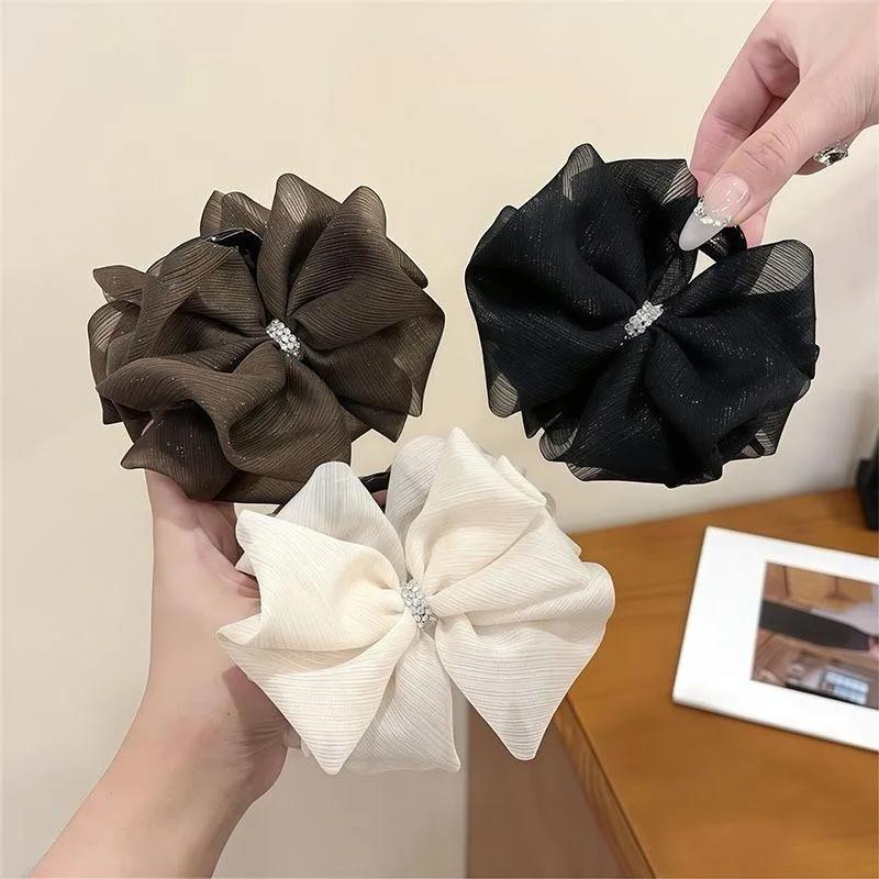 Elegant Temperament Mesh Rhinestone Bow Hair Clip For Women  Back of The Head Shark Clip Fashionable Girl Ponytail Hair Clamp