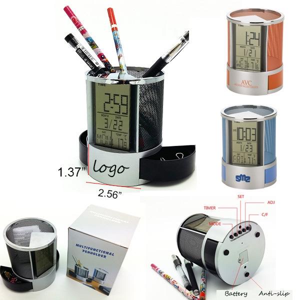 Multifunctional Metal Mesh Perpetual Calendar Pen Holder with Desktop Temperature Clock