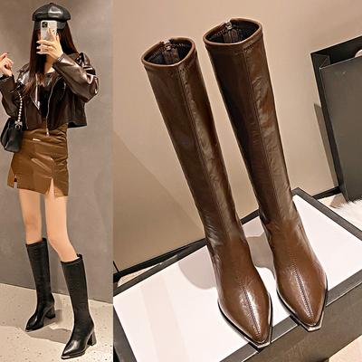 Bottes hautes nouvelles bottes brillantes de printemps et d'automne bottes longues pour enfants bout pointu talon épais bottes de chevalier à talons hauts