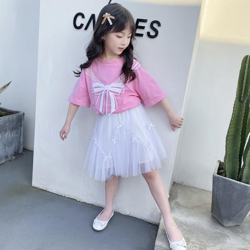 

Детский модный костюм из двух частей с короткими рукавами, сетчатой юбкой и принтом в виде бабочки, летний повседневный костюм для девочек 110cm