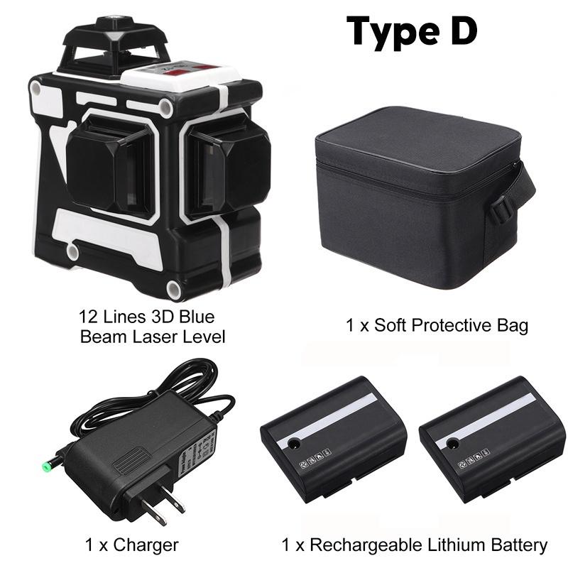 3D 12 Line Laser Level Blue Green Light 360 Degree Rotation Auto Leveling Horizontal Vertical Laser Beam with 2 Battery